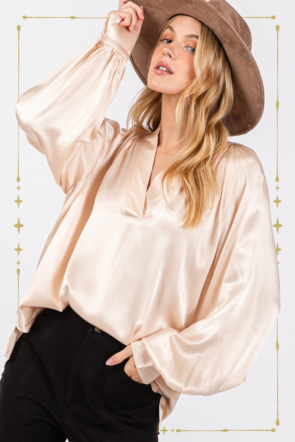 SAGE + FIG Champaign All Day Notched Long Sleeve Blouse