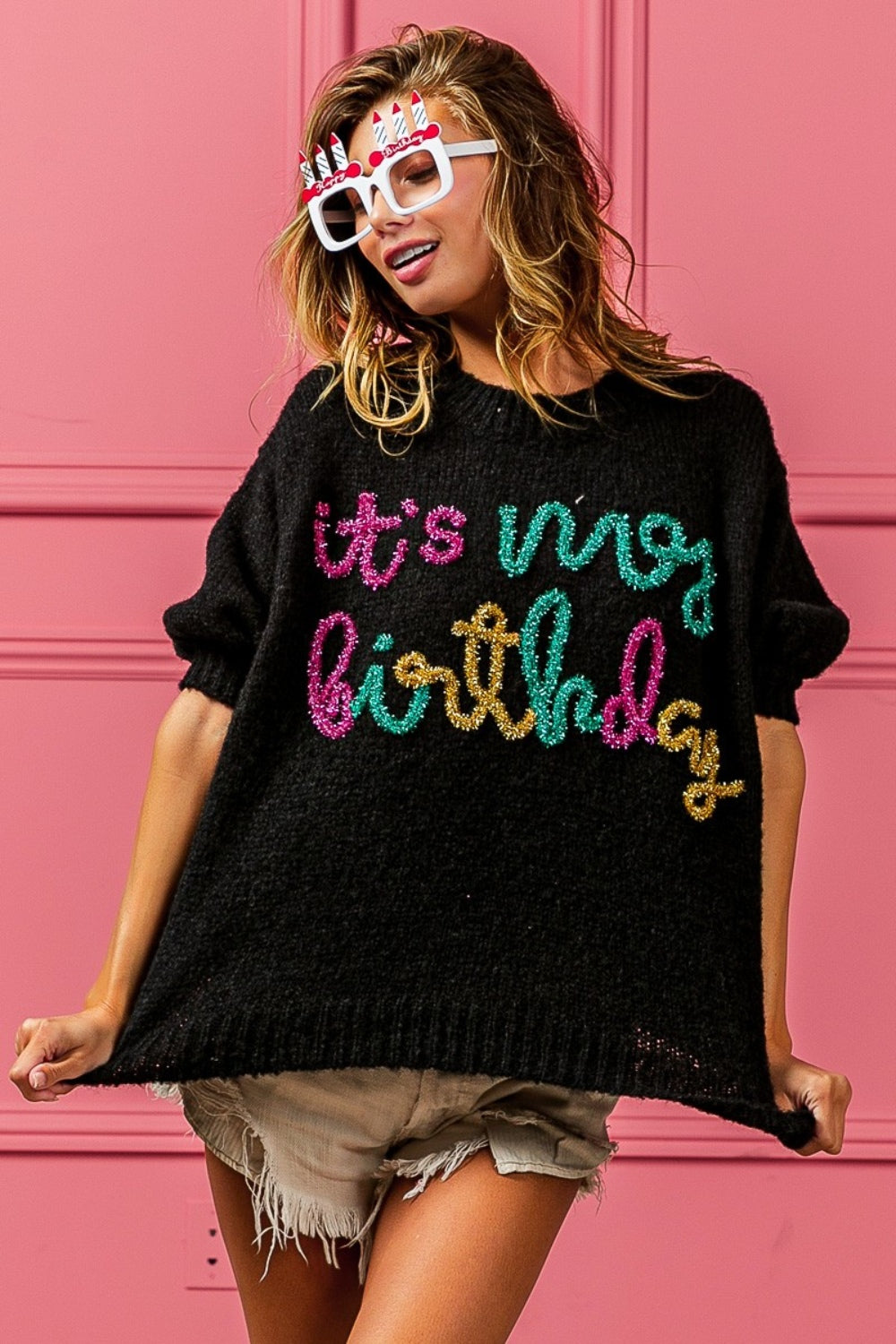 BiBi It's My World Metallic Letter Puff Sleeve Hairy Sweater