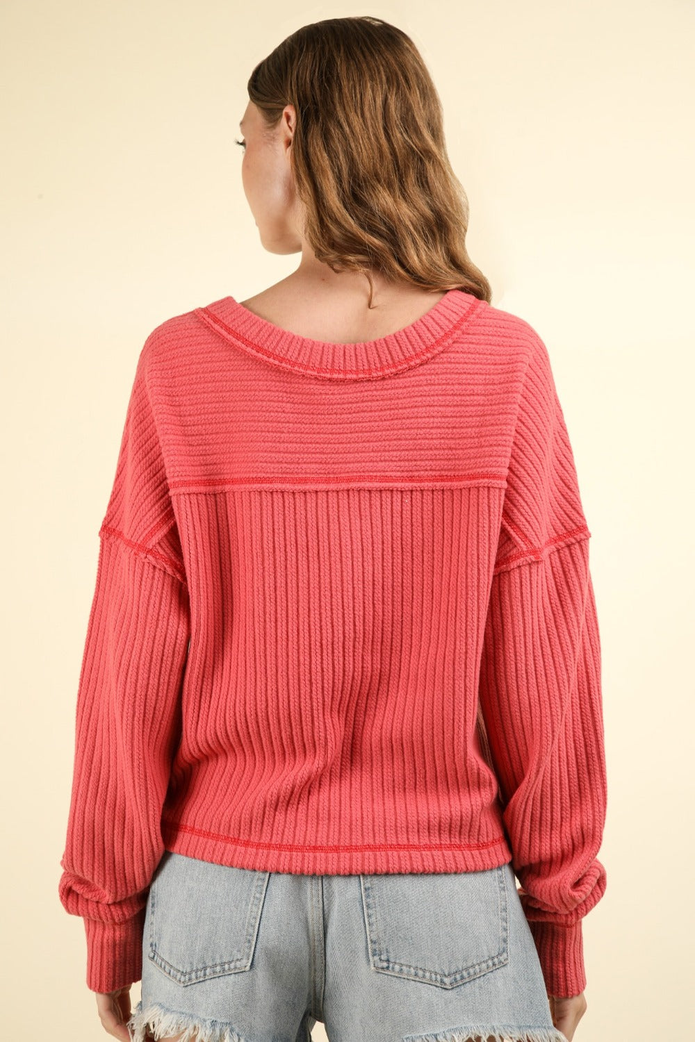 VERY J Knit Happens Exposed Seam V-Neck Ribbed Knit Top in Coral