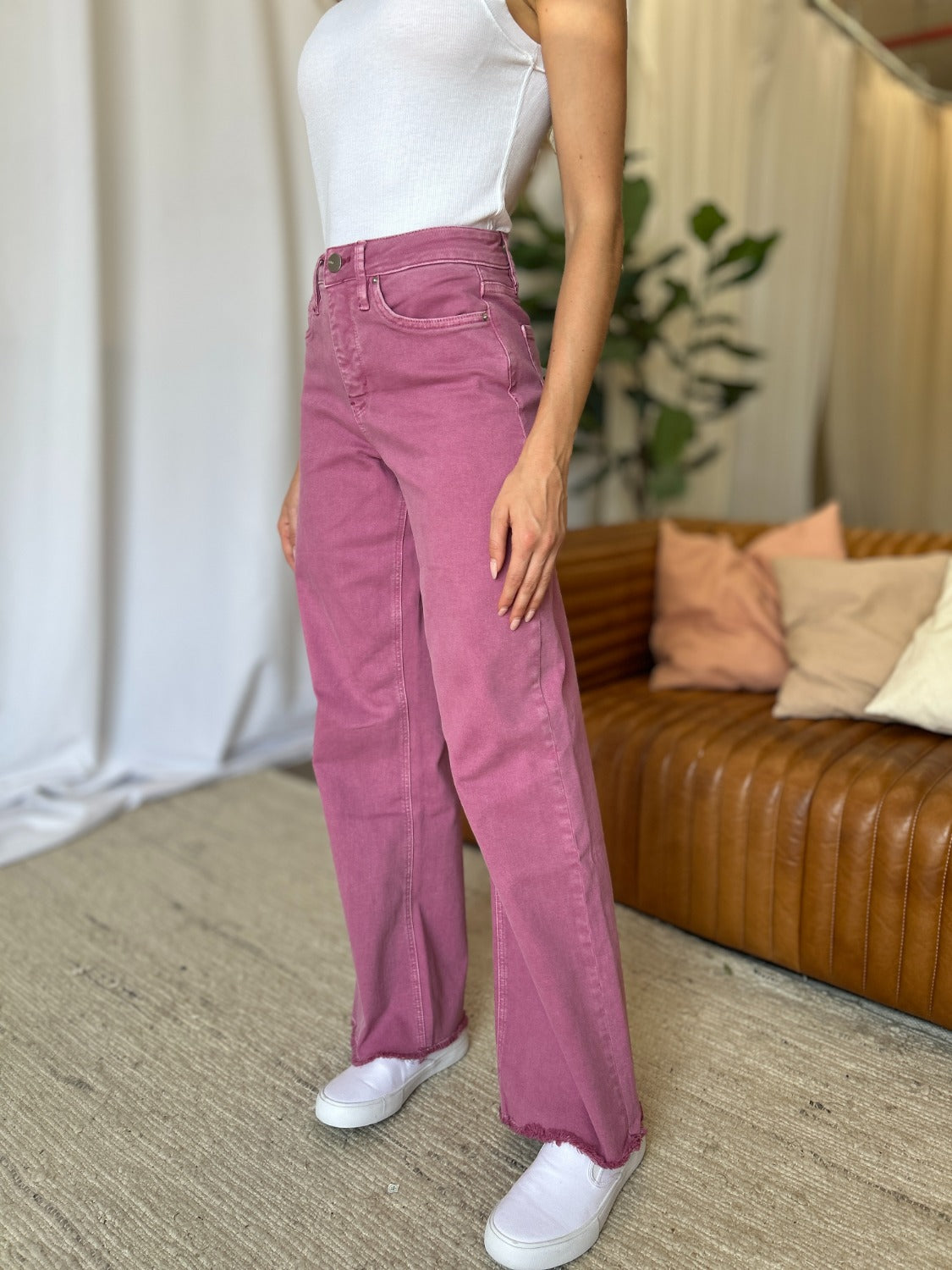 RFM Raelene High Rise Garment Dye Wide Leg Jeans in French Rose