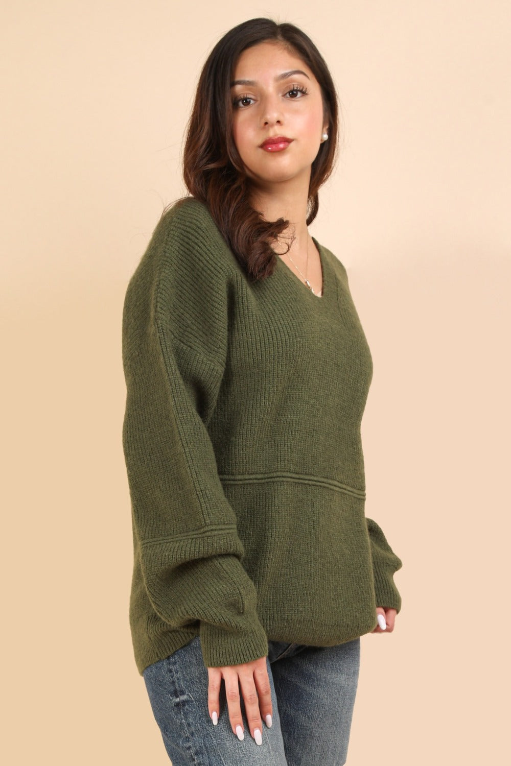 VERY J Keep It Comfy Seam Detail Drop Shoulder Hooded Sweater in Olive