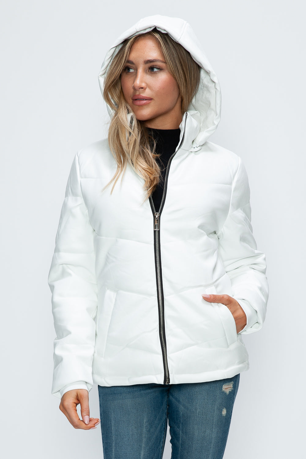 How Dare U Embrace The Chill Pocketed Zip Up Puffer Jacket with Removable Hood in White