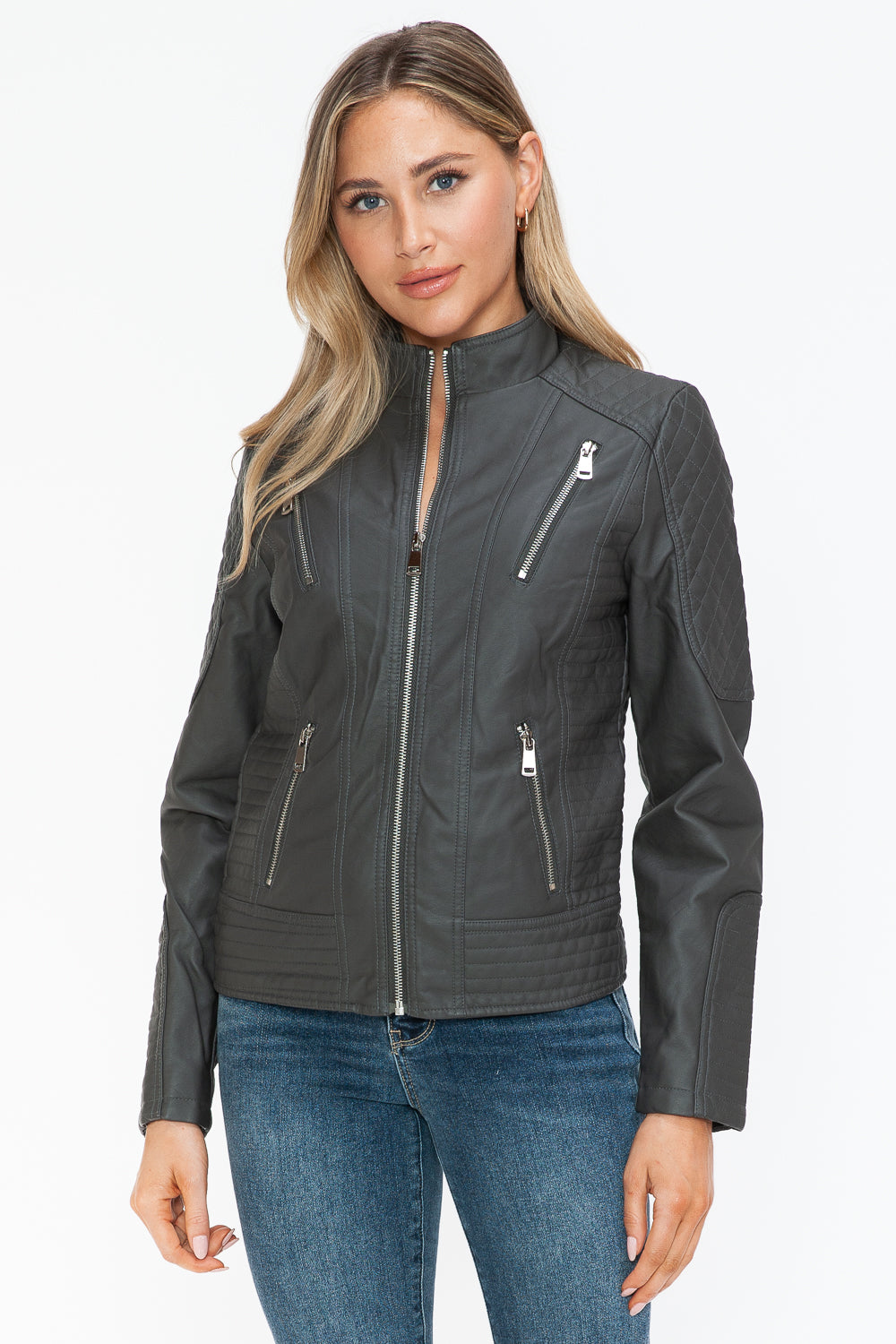 Snobbish Ready To Own The Night Faux Leather Zip Up Mock Neck Jacket in Charcoal