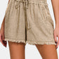 Zenana Summer Memories Washed Linen Frayed Hem Drawstring Shorts in Beige