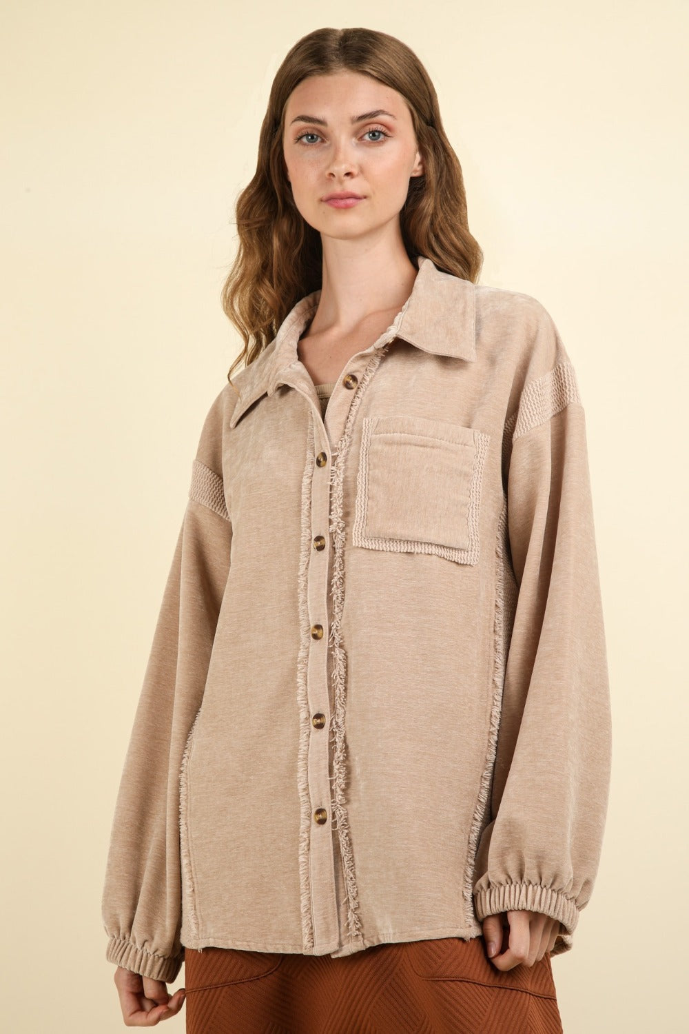 VERY J Raw Hem, Real Style Mixed Media Button Down Raw Hem Shacket in Taupe