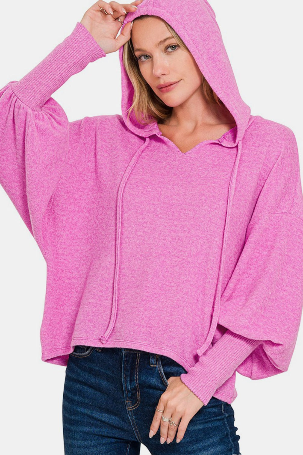 Zenana Brushed Perfection Hacci Drop Shoulder Cropped Hoodie in Bright Mauve