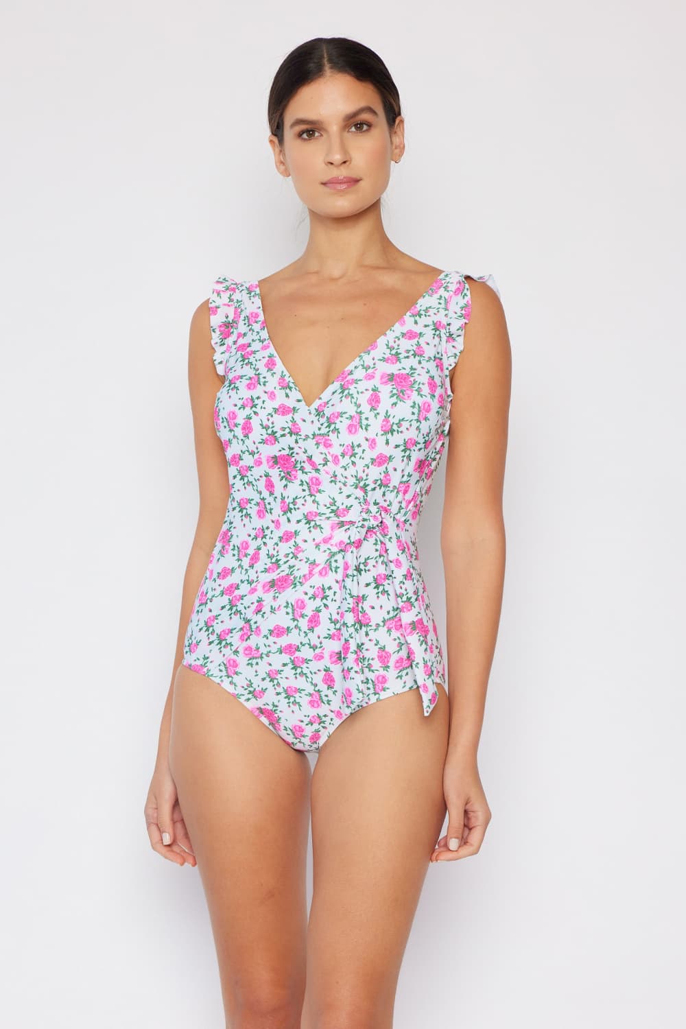 Marina West Swim Float On Ruffle Faux Wrap One-Piece in Roses Off-White