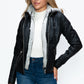 YMI Fuzzy Feels Faux Layered Double-Zipper Jacket with Fuzzy Hood in Black