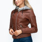 YMI Fuzzy Feels Faux Layered Double-Zipper Jacket with Fuzzy Hood in Brandy