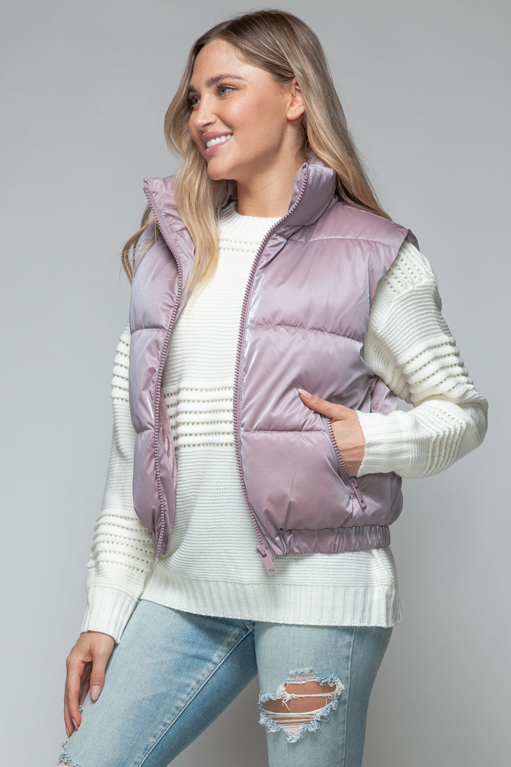Snobbish Me and My Puffer Fine Fur Lining Quilted Vest in Dark Rose