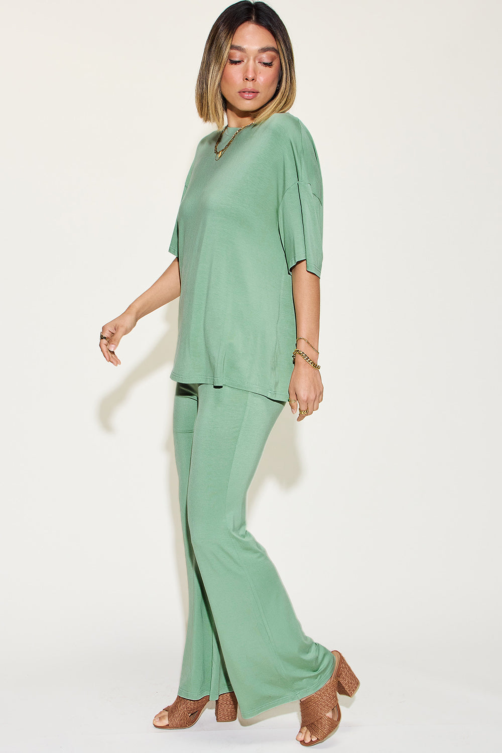 Basic Bae Reflect Bamboo Drop Shoulder T-Shirt and Flare Pants Set