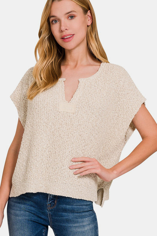 Zenana A Timeless Reality Short Sleeve Side Slit Sweater in Sand Beige