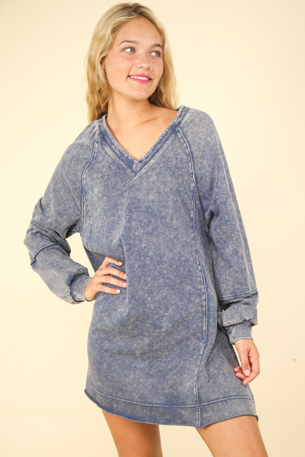 VERY J Oversized Memories Mineral Washed Oversized A-Line Mini Dress in Denim