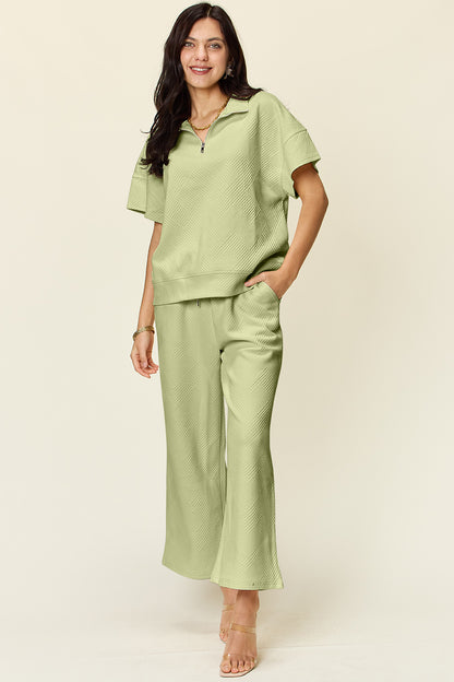Double Take All About That Glow Texture Half Zip Short Sleeve Top and Pants Set