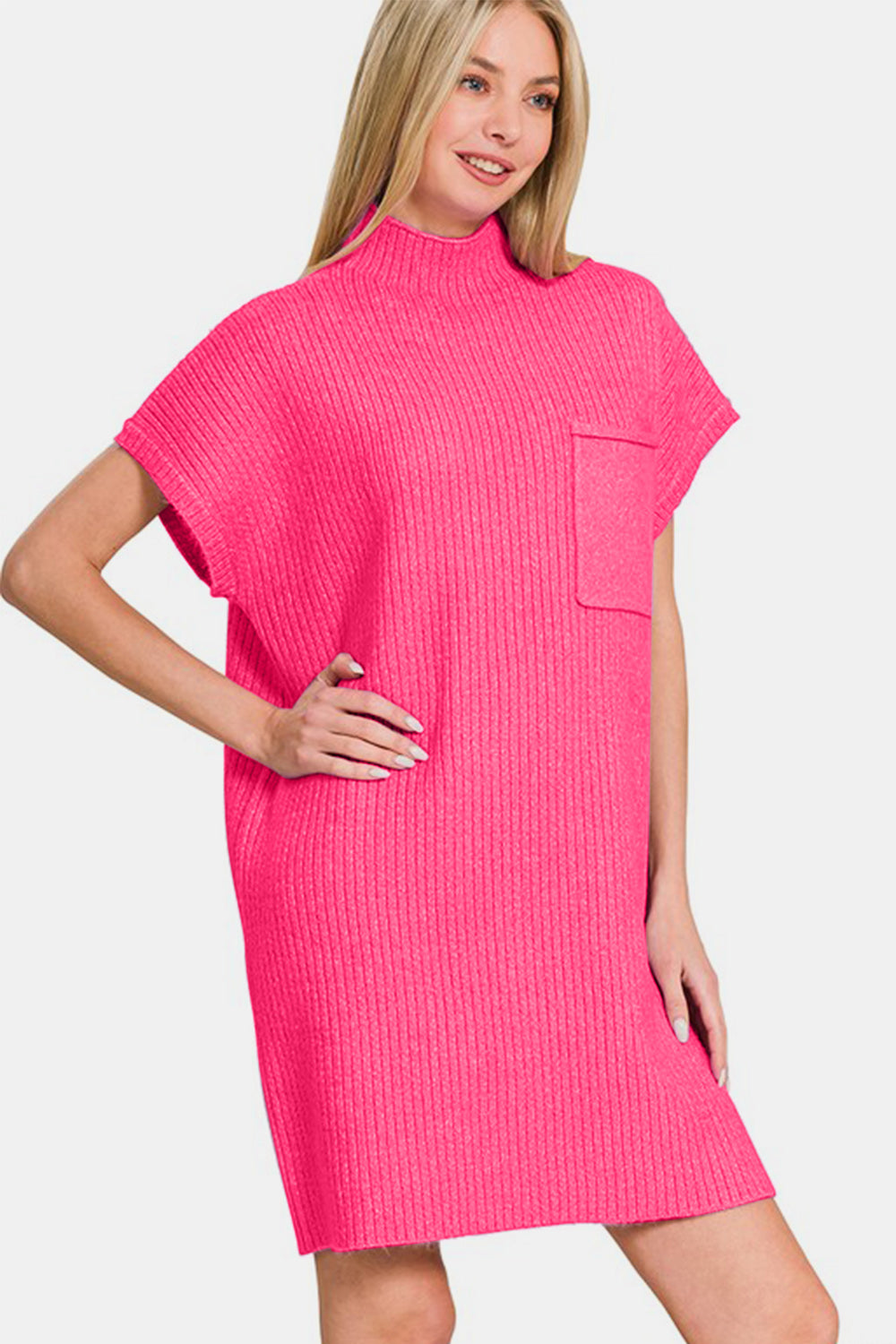 Zenana I'm Ready Short Sleeve Sweater Mini Dress in Hot Pink