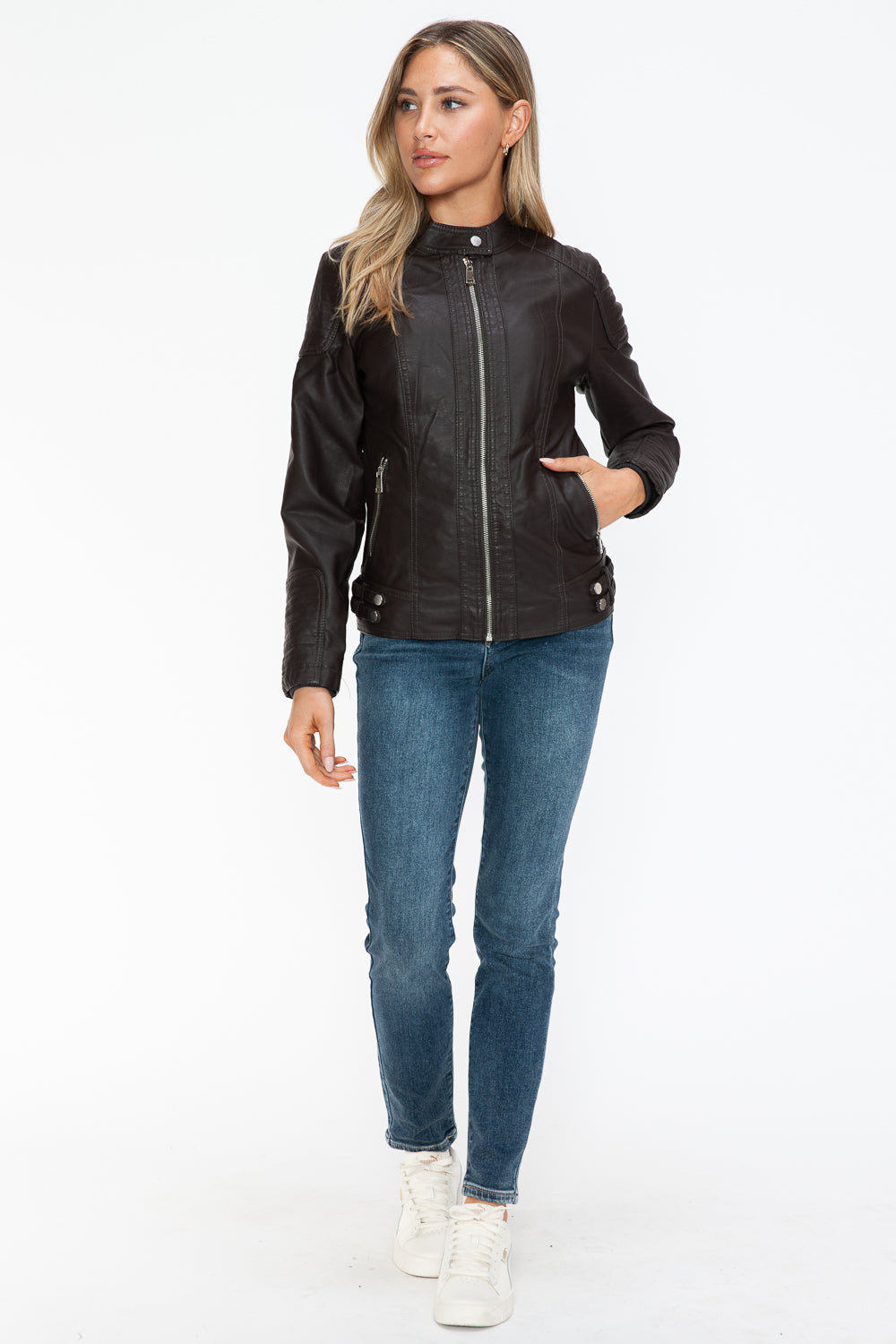 Snobbish A Wild Ride Faux Leather Biker Jacket with Side Zip Pockets in Chocolate