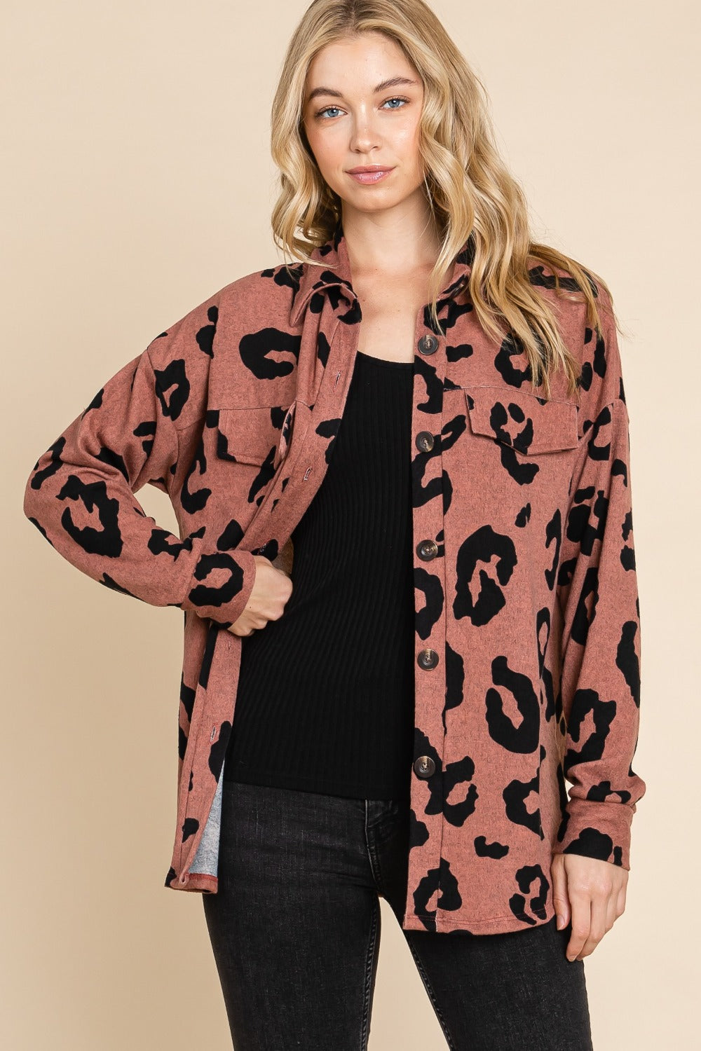 BOMBOM My Wild Spirit Animal Print Button Up Knit Shacket in Brick