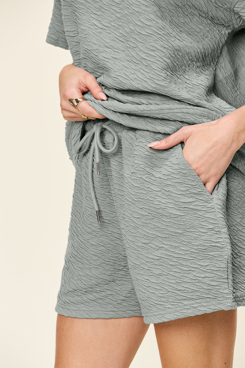 Double Take New Beginnings, Same Me Texture Short Sleeve T-Shirt and Drawstring Shorts Set