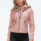 Snobbish Embrace The Day Faux Leather Zip Up Drawstring Hooded Jacket in Mauve