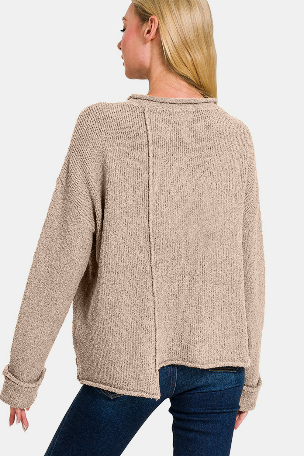 Zenana Wild Wonderland Asymmetric Hem Drop Shoulder Sweater in Ash Mocha