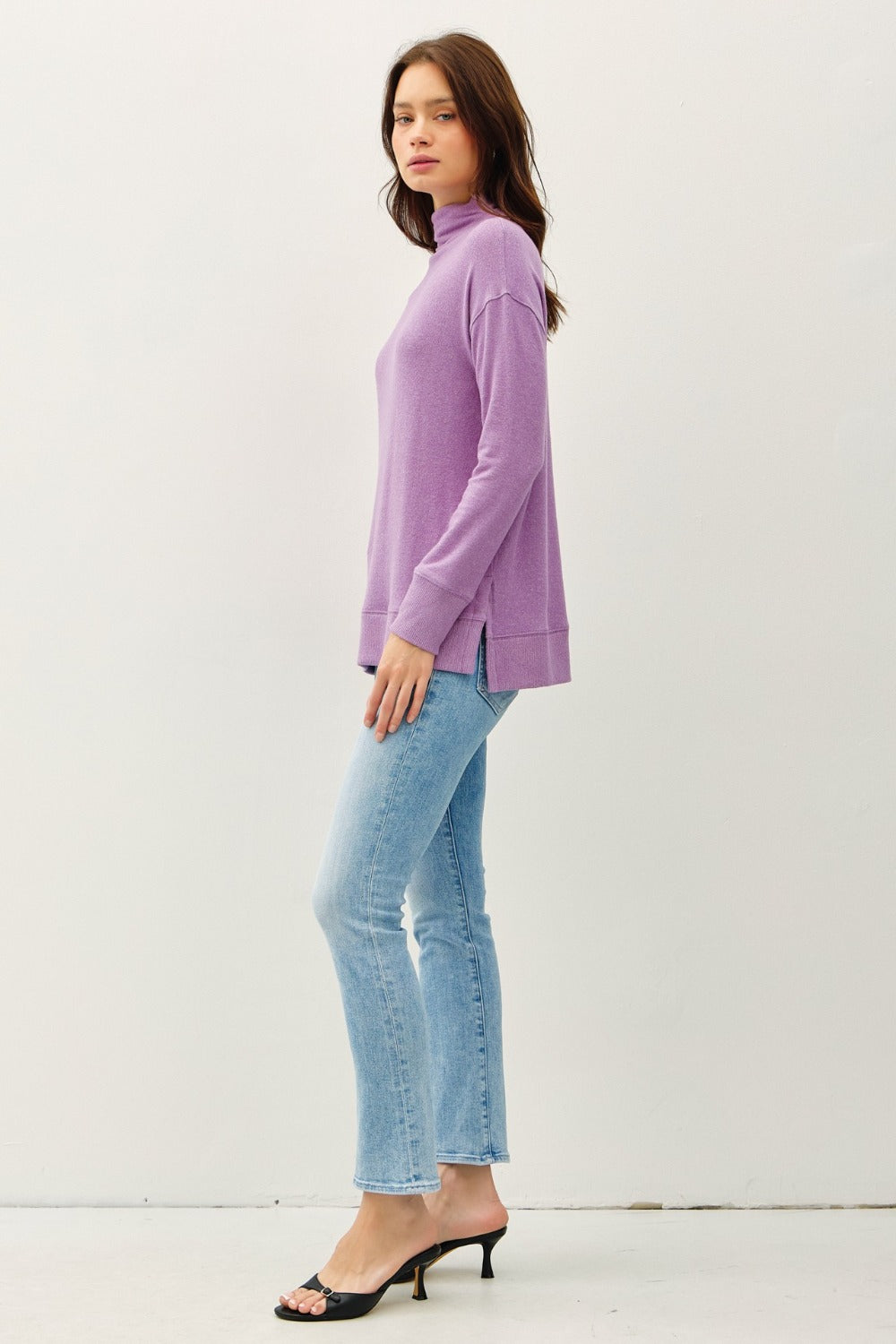 Be Cool Simple Joys Side Slit Mock Neck Long Sleeve Tunic Top in Grape