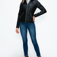 YMI Fuzzy Feels Faux Layered Double-Zipper Jacket with Fuzzy Hood in Black