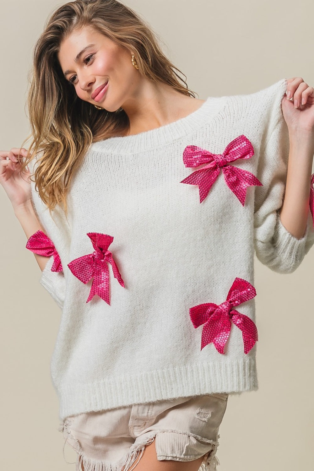 BiBi Wrapped in Sequins Bow Puff Sleeve Sweater