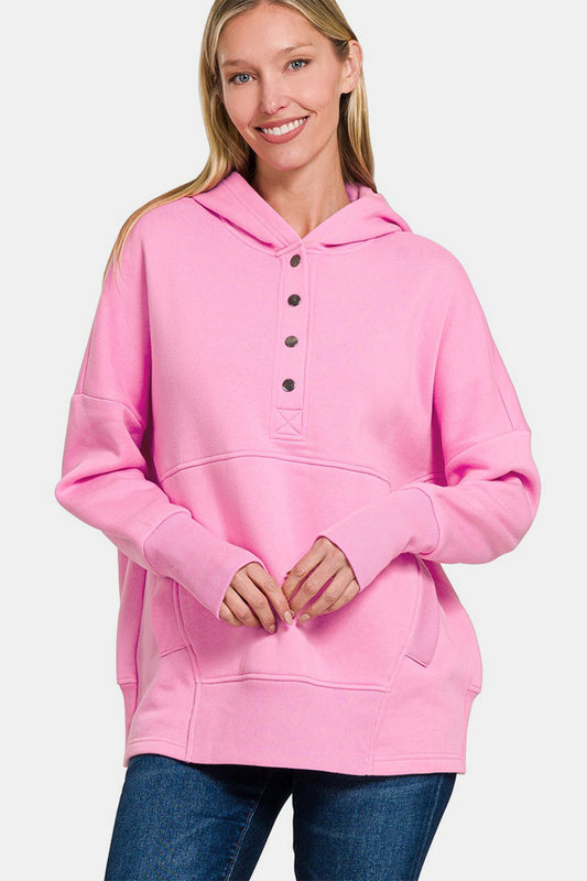 Zenana You Have My Heart Half Snap Long Sleeve Hoodie with Kangaroo Pocket in Fuchsia Pink