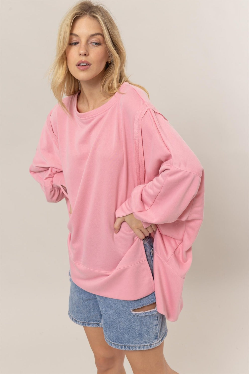 HYFVE Pink Cuddles French Terry Long Sleeve High-Low Slit Sweatshirt