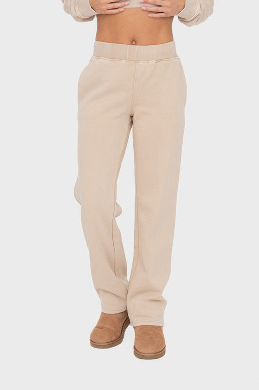 Mono B My Perfect Partner Elastic Waist Fleece Pants with Pockets in Tan
