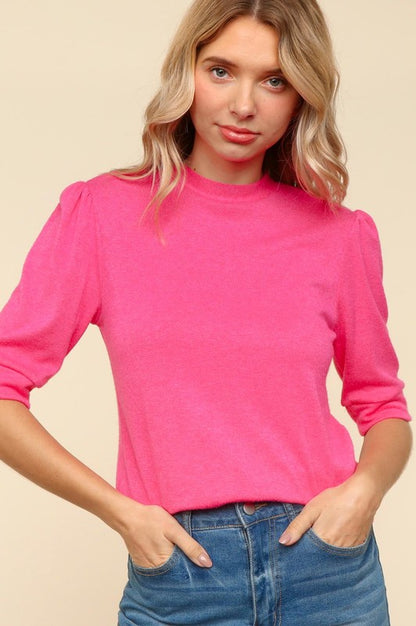 Haptics Feeling Hot Pink Lovin' Tied Back Mock Neck Half Sleeve Knit Top