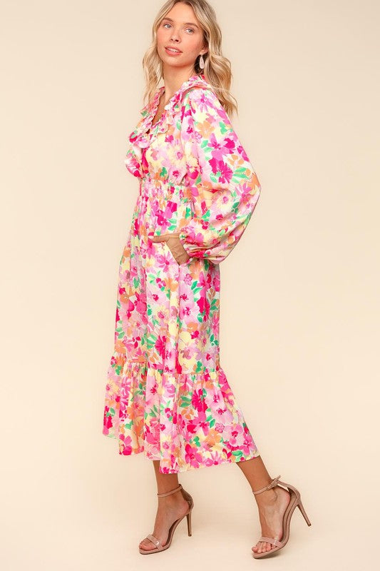 Haptics Plus One Floral Surplice Balloon Sleeve Dress with Side Pockets in Multicolor