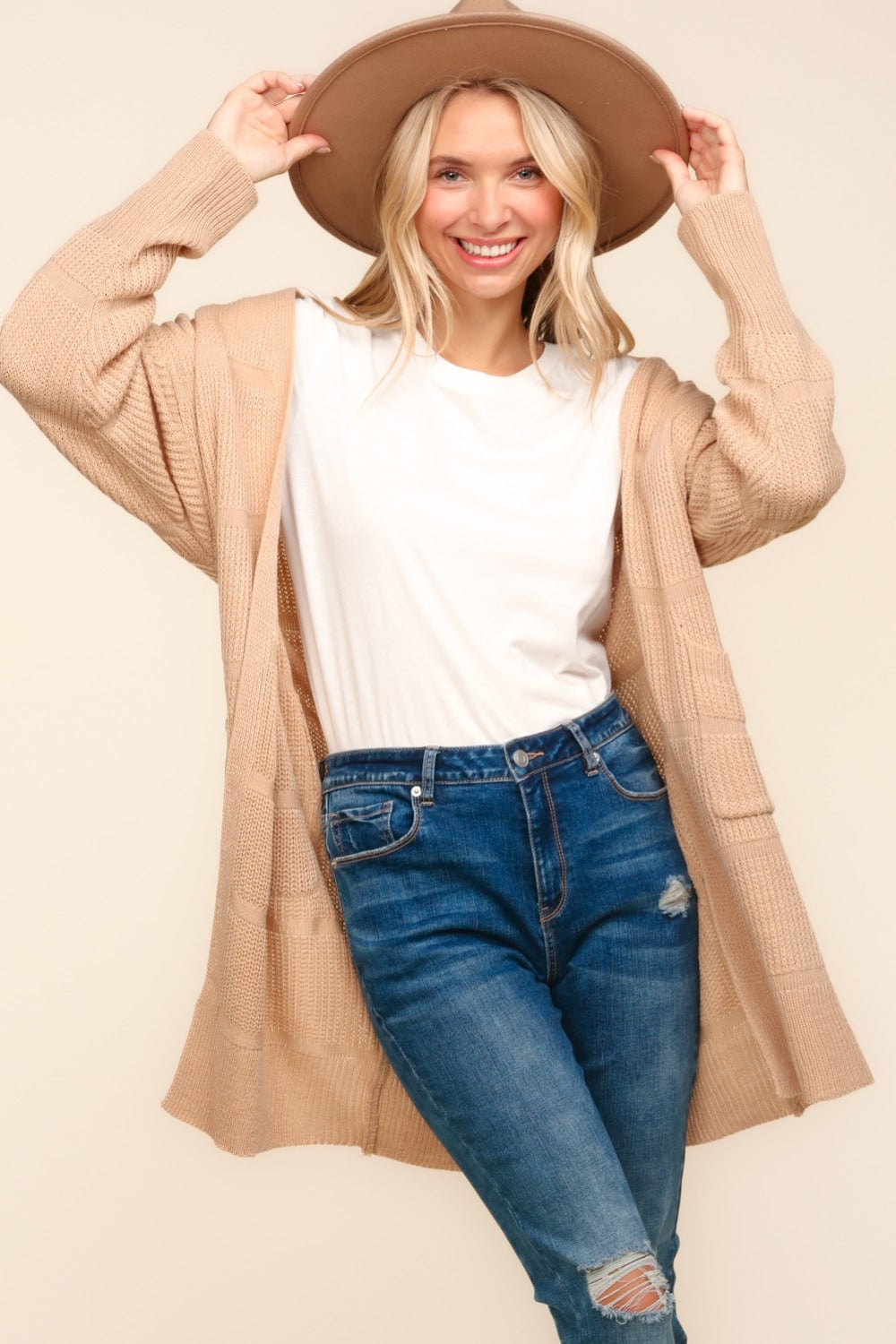 Haptics Autumn Days Stripe Textured Open Front Cardigan with Pockets