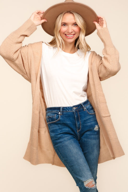 Haptics Autumn Days Stripe Textured Open Front Cardigan with Pockets