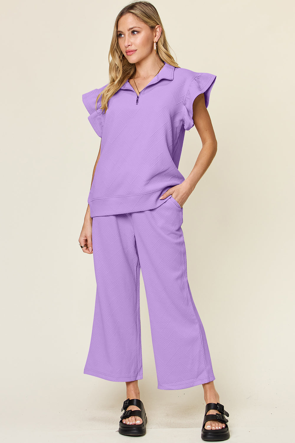 Double Take Butterfly Kisses Texture Ruffle Short Sleeve Top and Drawstring Wide Leg Pants Set