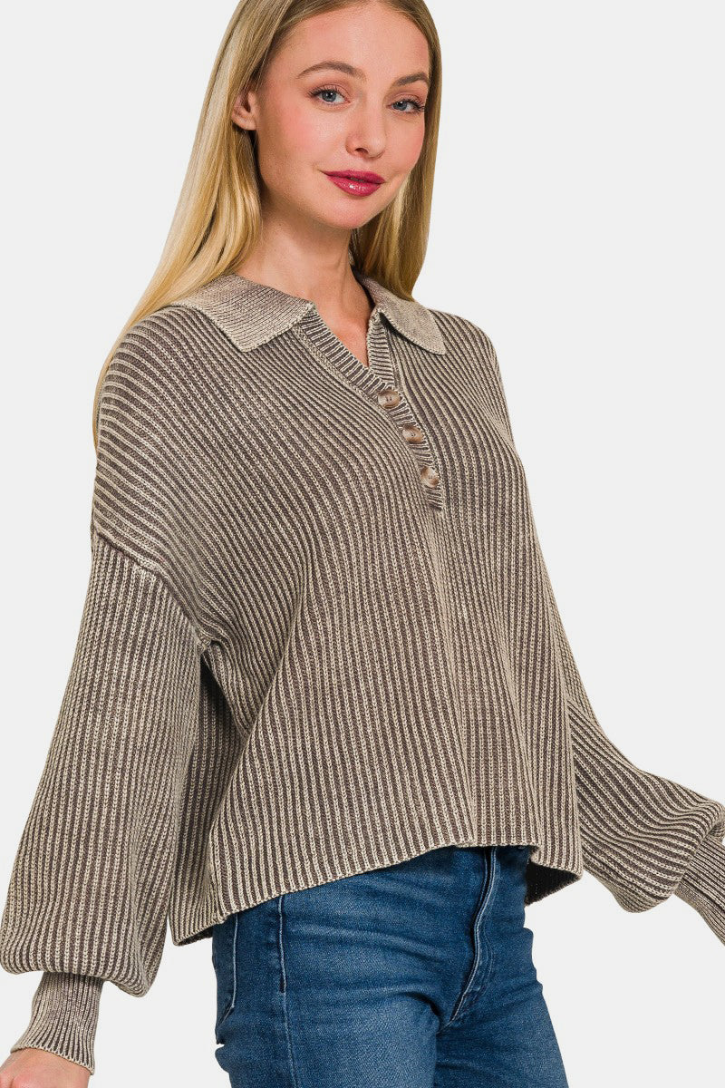 Zenana No Fade Washed Half Button Long Sleeve Sweater in Mocha