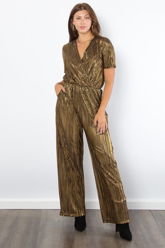 Be Stage Ready To Turn Heads Surplice Short Sleeve Pleated Foil Jumpsuit in Gold