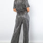 Be Stage Ready To Turn Heads Surplice Short Sleeve Pleated Foil Jumpsuit in Silver