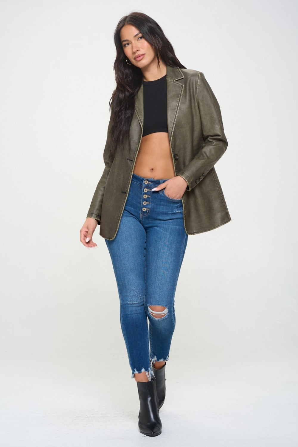 Coalition LA A Touch of Edge Single-Breasted Vegan Leather Blazer in Olive Brown