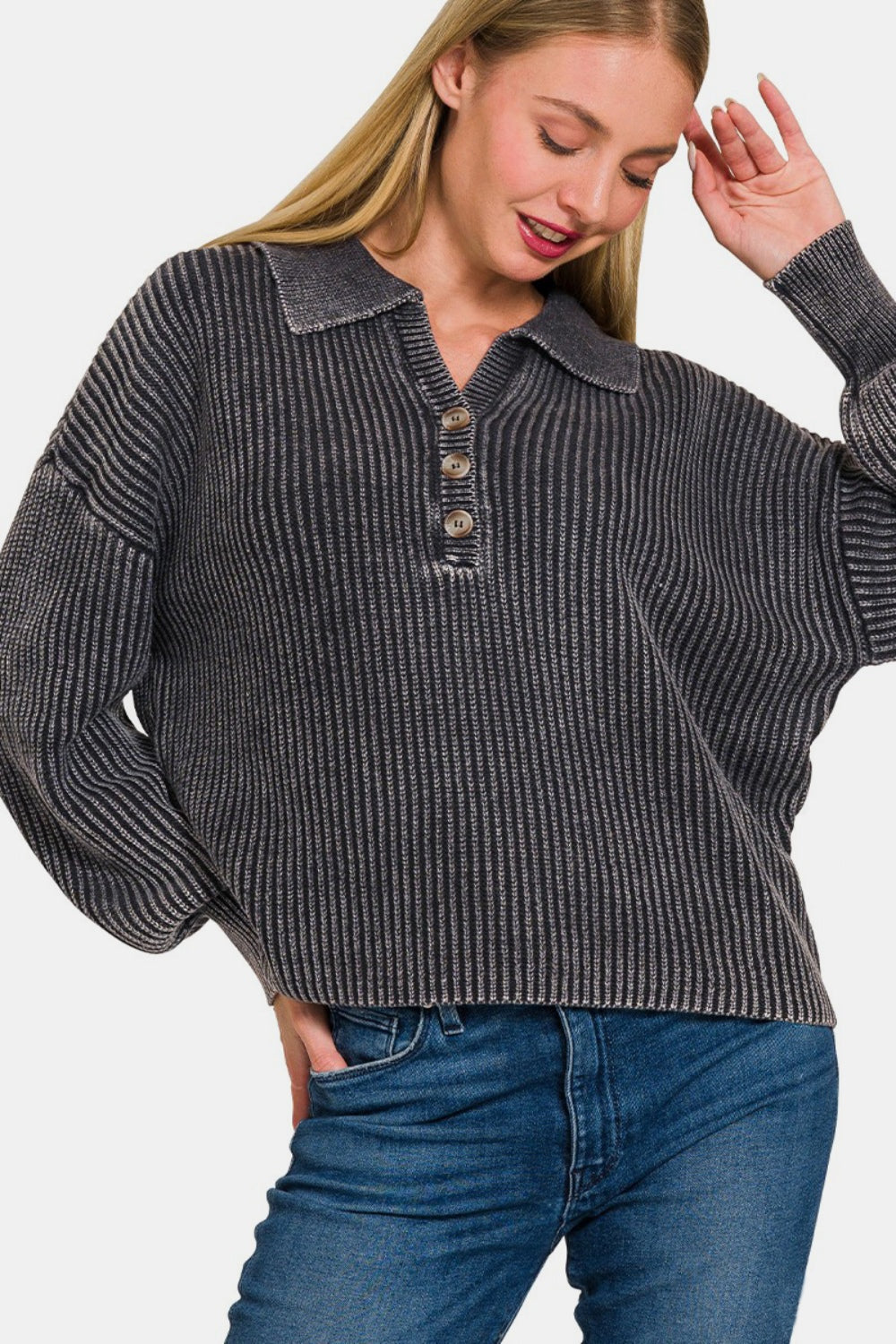 Zenana No Fade Washed Half Button Long Sleeve Sweater in Black