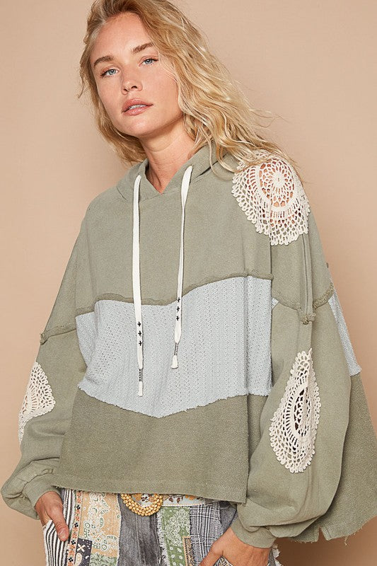 POL Breathe Easy Openwork Contrast Dropped Shoulder Hoodie Top In Sage