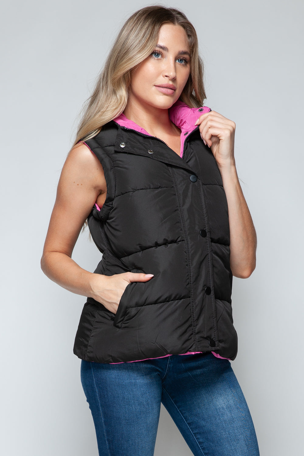 Snobbish Cute and Cozy Snap and Zip Closure Hooded Vest in Black/ Rose Violet