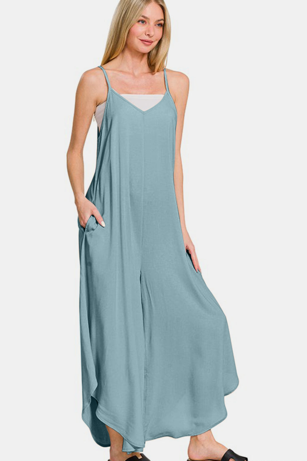 Zenana My Vibe Spaghetti Strap Wide Leg Overalls with Pockets in Blue Grey