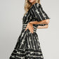 Umgee When Life Gives You Ribbons Print Frill Contrast Velvet Trim Half Sleeve Dress in Black