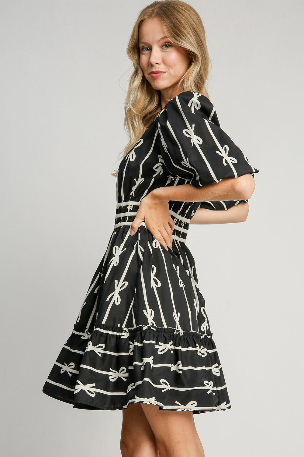 Umgee When Life Gives You Ribbons Print Frill Contrast Velvet Trim Half Sleeve Dress in Black