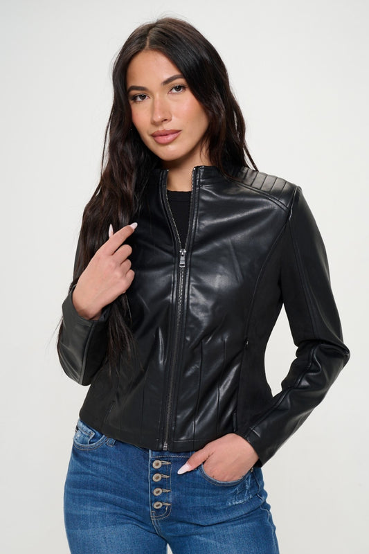 Coalition LA Look Again Zip Up Vegan Leather Moto Jacket in Black