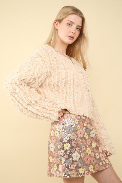 VERY J Feeling Fuzzy and Fabulous Shaggy Yarn Knit Zip Up Jacket in Cream
