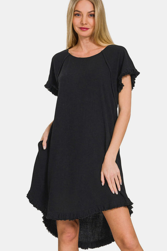 Zenana Spotted Downtown Fringe Edge High Low Flowy Dress with Pockets in Black