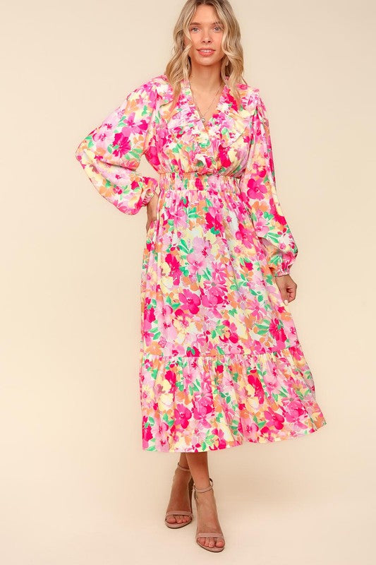 Haptics Plus One Floral Surplice Balloon Sleeve Dress with Side Pockets in Multicolor