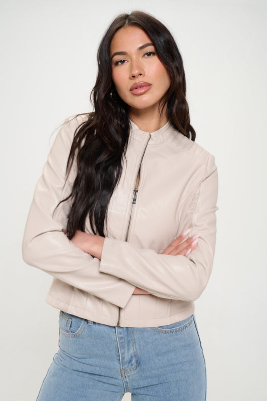 Coalition LA Look Again Zip Up Vegan Leather Moto Jacket in Cream